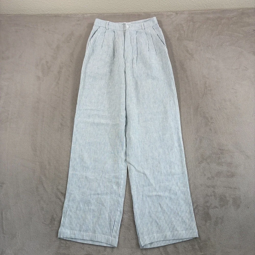 REFORMATION Mason Relaxed Wide Leg Pants 2 Blue White Striped‎ 100% Linen NWOT